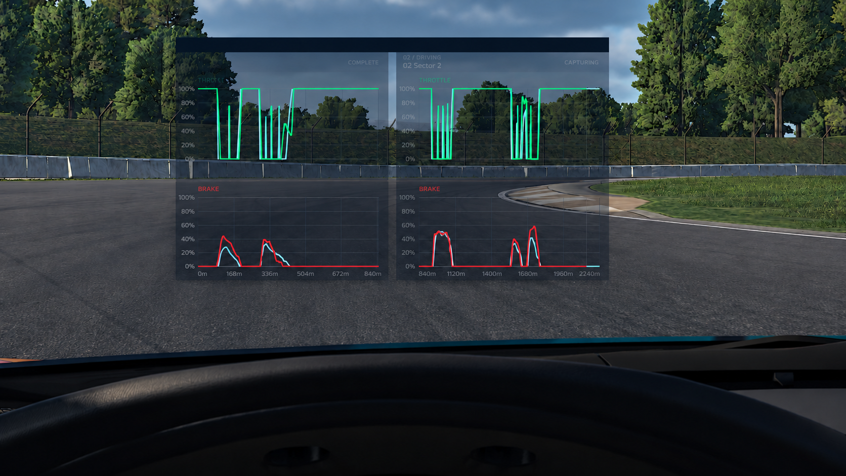 Track Trainer throttle and brake overlays visible through the cockpit driving view, comparing live inputs with a reference.